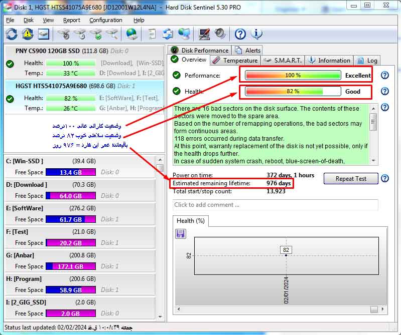 خروجی نرم افزار - بررسی سلامت هارد
